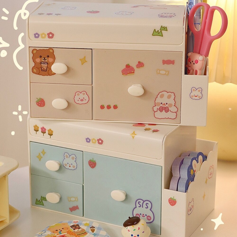 Caja de almacenamiento Kawaii para escritorio, cajón de plástico para bolígrafos, organizador de cosméticos para estudiantes, contenedor para el hogar, de pegatinas