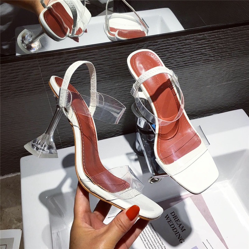 été femmes blanc Lime vert clair talons hauts sandales néon jaune Slingback sandales cristal PVC Transparent chaussures