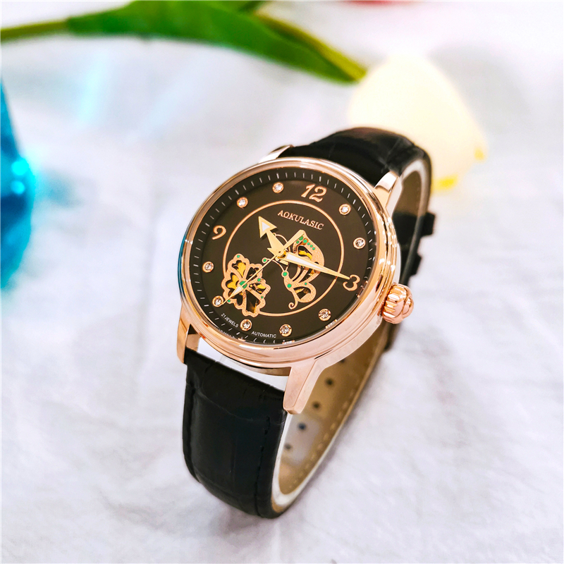 AOKULASIC Elegante dames automatische mechanische horloges Skeleton-horloges Dames luxe horloge van Waterdichte klok