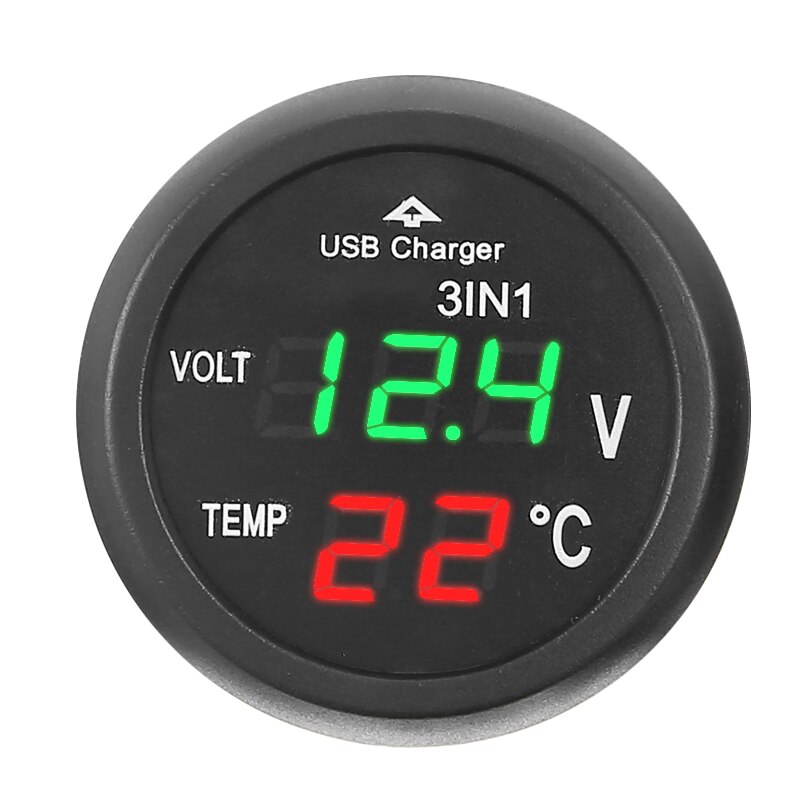 Universal 1pc bil cigarettænder fatning adapter 3- i -1 grøn rød led voltmeter + temp meter + usb oplader