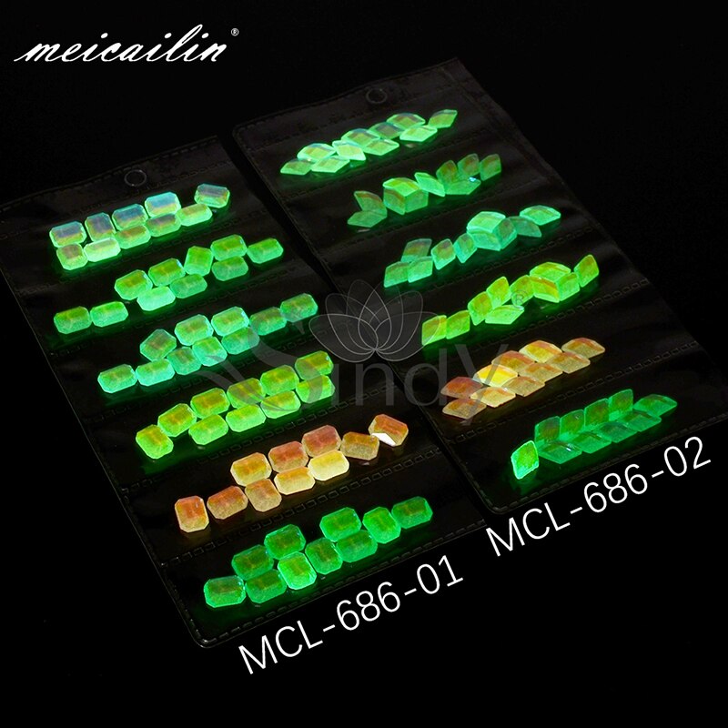 Mix 60pcs Fluorescerende Glas Nail Rhinestones Set Lichtgevende Plaksteen Diamant Vierkante Kristallen Glow In The Dark Gems Art Decoraties