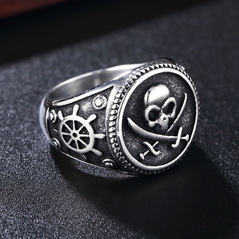Vintage Men's Pirate Signet Double Knife Skull Ring Golden/Silver Color Stainless Steel Compass Goth Punk Ring
