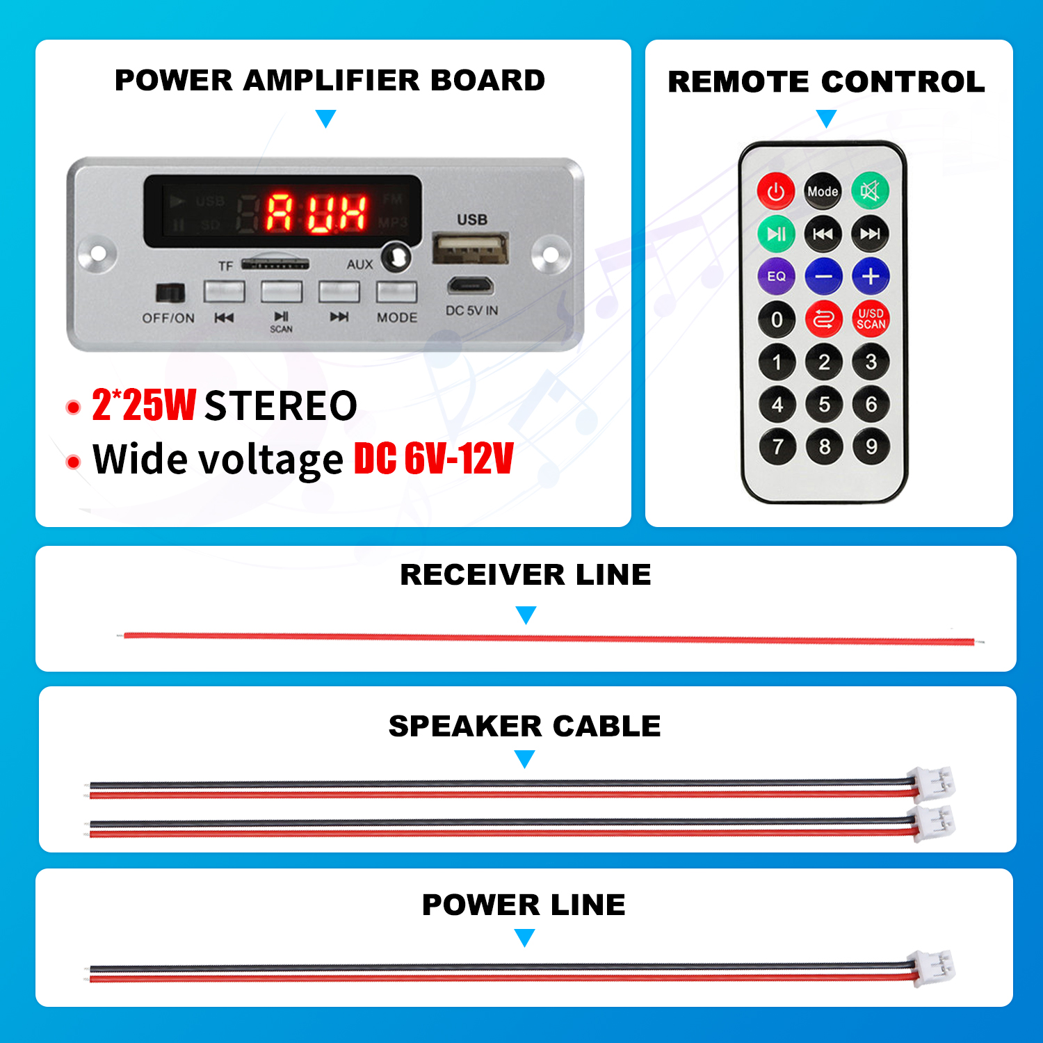Amplificatore 50W Bluetooth 5.0 scheda di decodifica MP3 12V lettore musicale Wireless modulo Audio USB TF AUX Radio FM per altoparlante vivavoce: Default Title