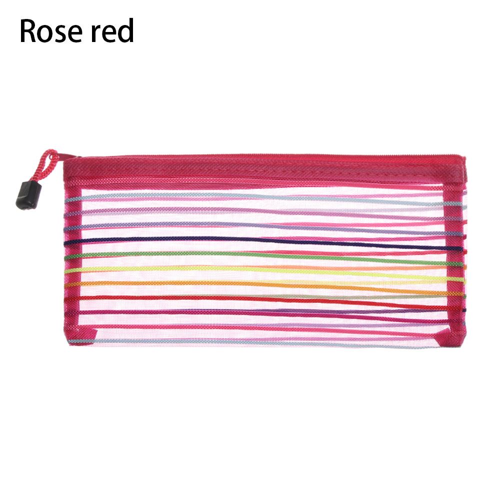Effen Kleur Nylon Rits Etui Mesh Pen Zak Cosmetische Opslag Transparante Raster Handtassen Portemonnee Mode: rose red