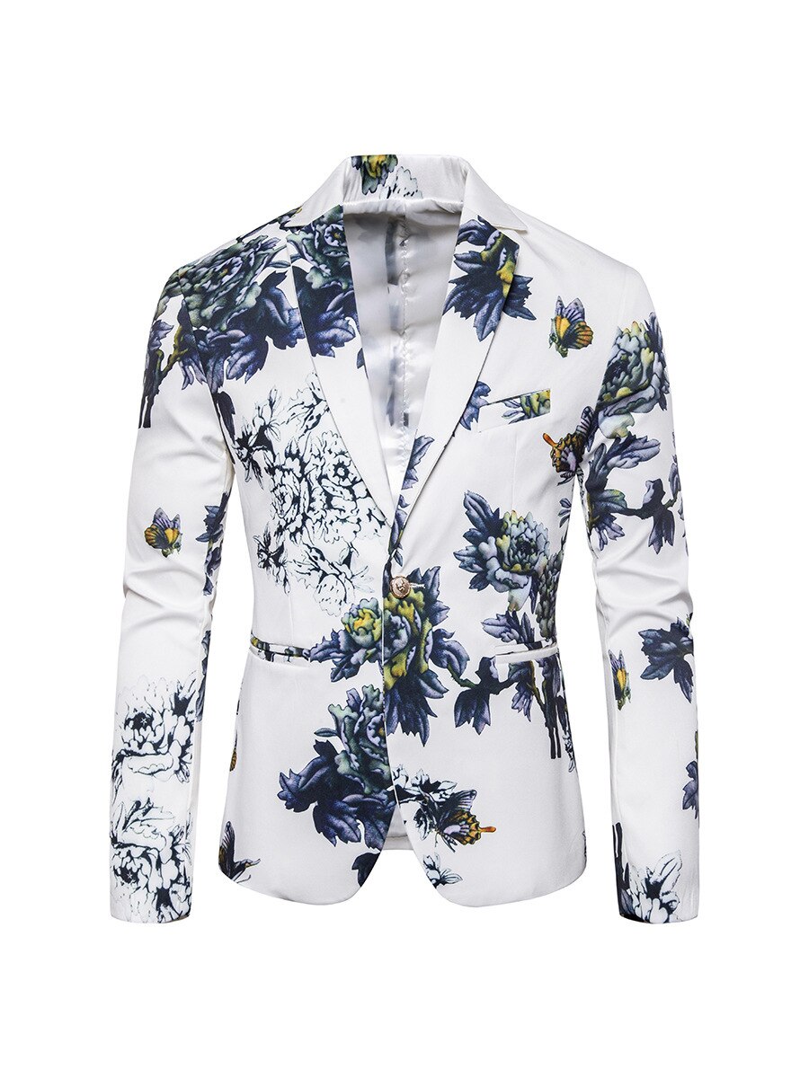 Flower print suit gentleman business slim suit single suit coat Korean style slim flower suit: White / XXXL