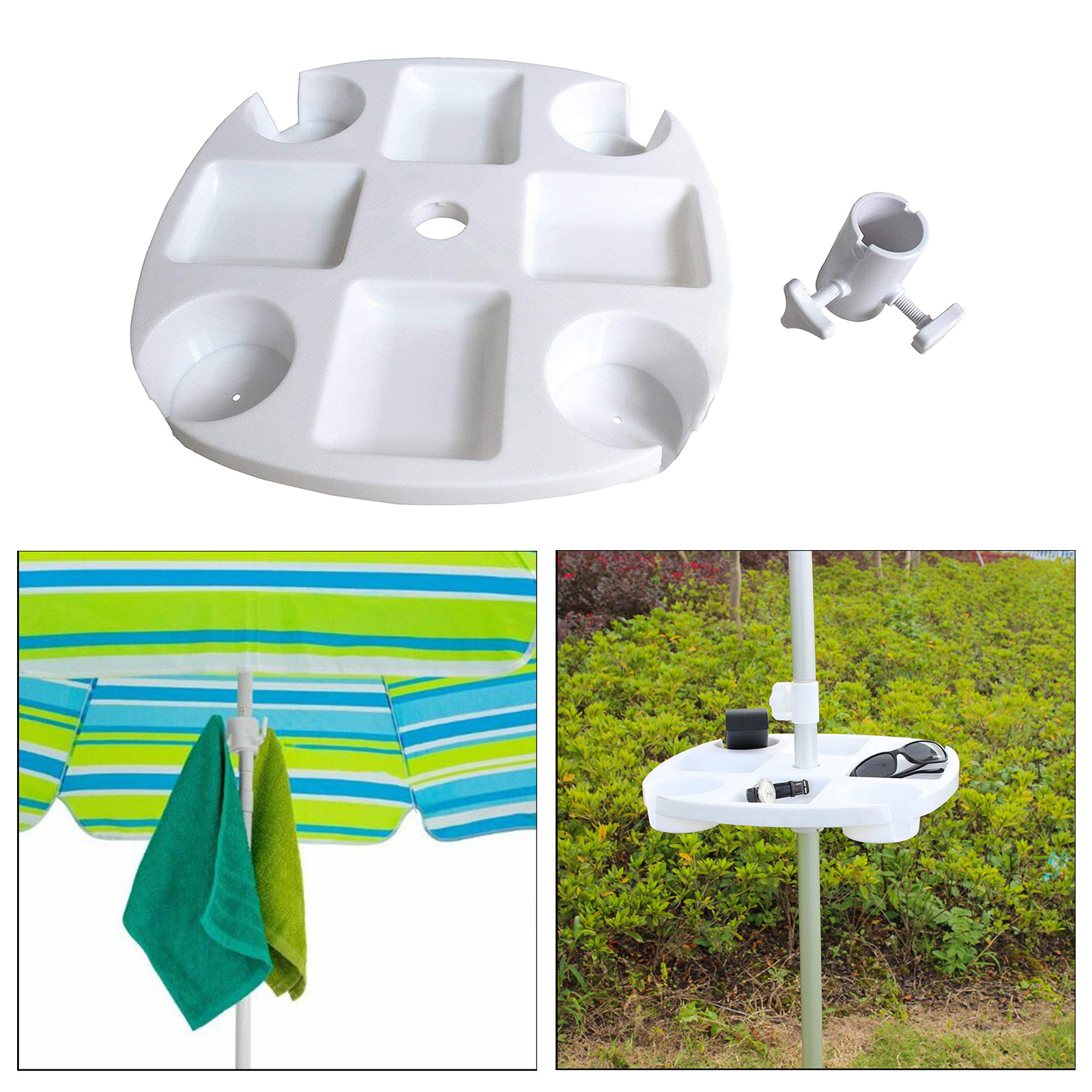 draussen Strand Sonnenschirm Tisch Tablett Snack Trinken Halfter mit Towl Hüte Hängen Haken für Strand Terrasse Garten Weiß