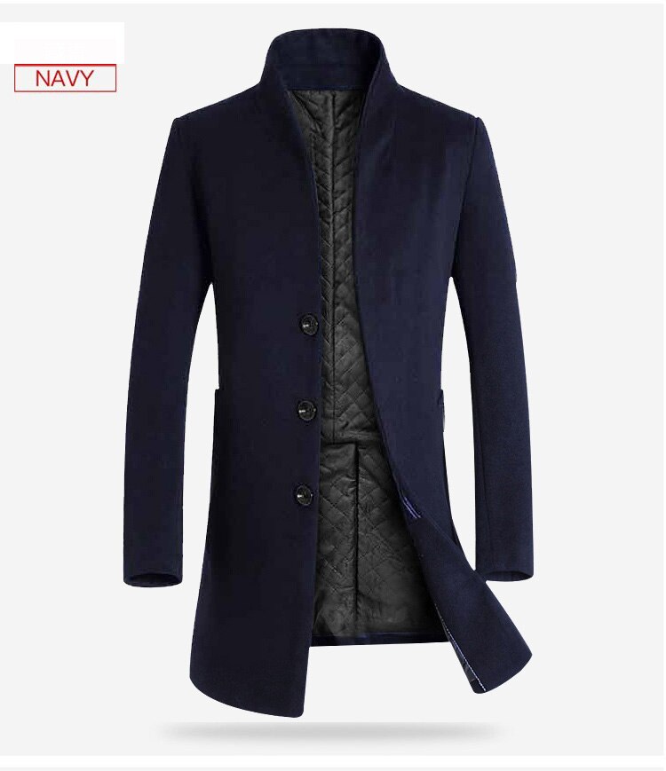 Hcxy lang trenchcoat for menn elegent menn ull vinterjakke frakk herre overfrakk lang homme kommersiell virksomhet vindjakke: Marineblå / M