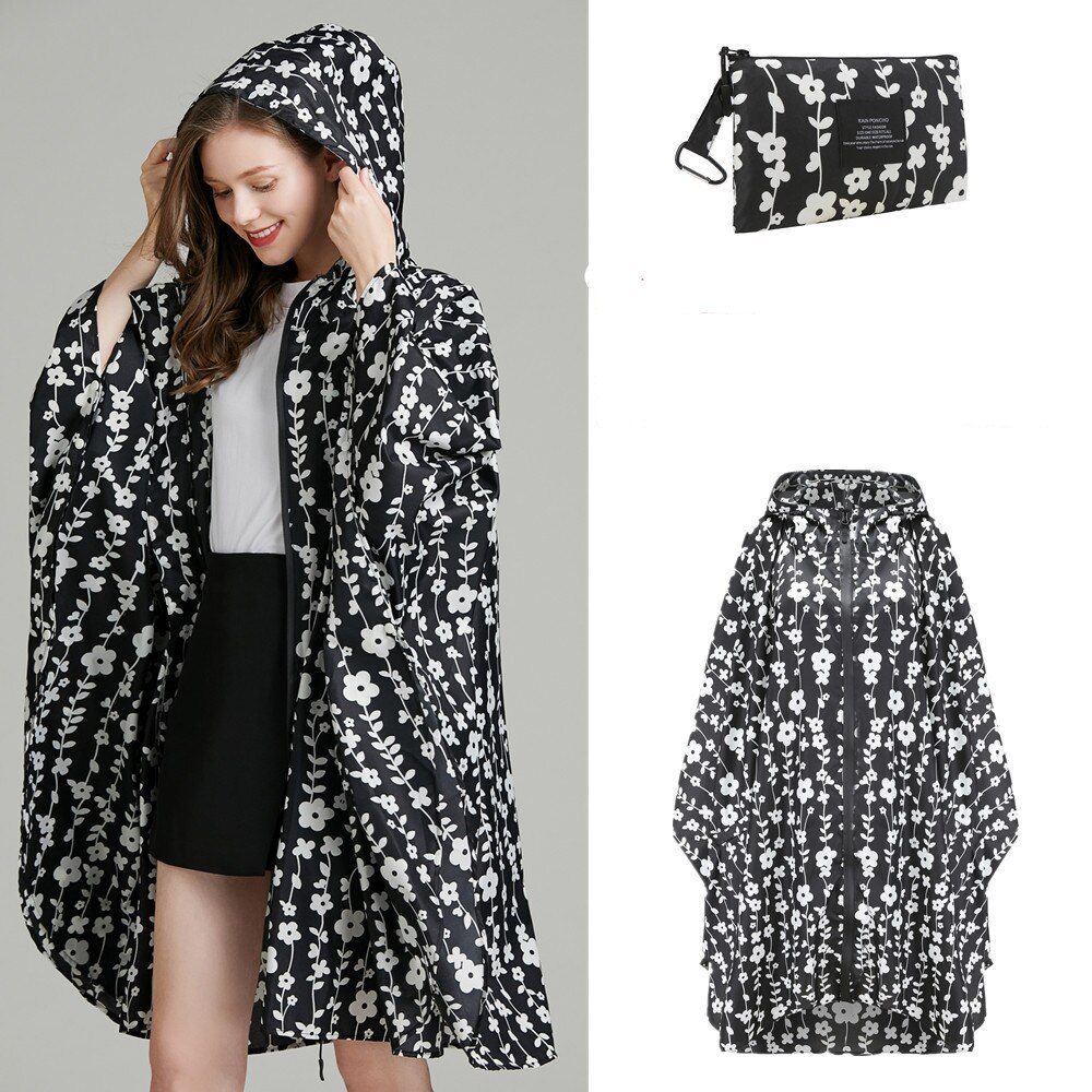 Chubasquero con capucha de flores para Mujer, impermeable, al aire libre, mochila, Poncho, chaqueta, capa, , gabardina: Black