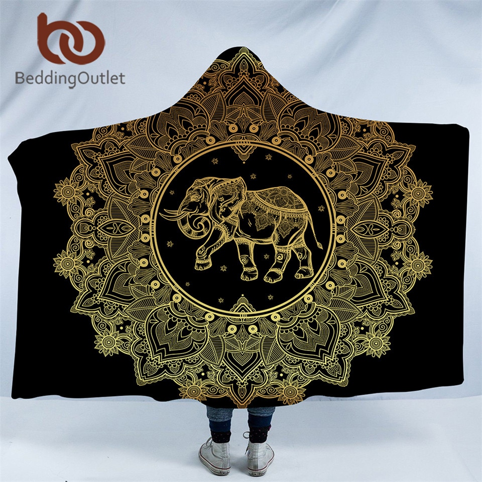 BeddingOutlet Mandala Hooded Deken Olifant Star Moon Sherpa Fleece Wearable Deken Zwart Gouden Gooi Deken voor Slaapbank