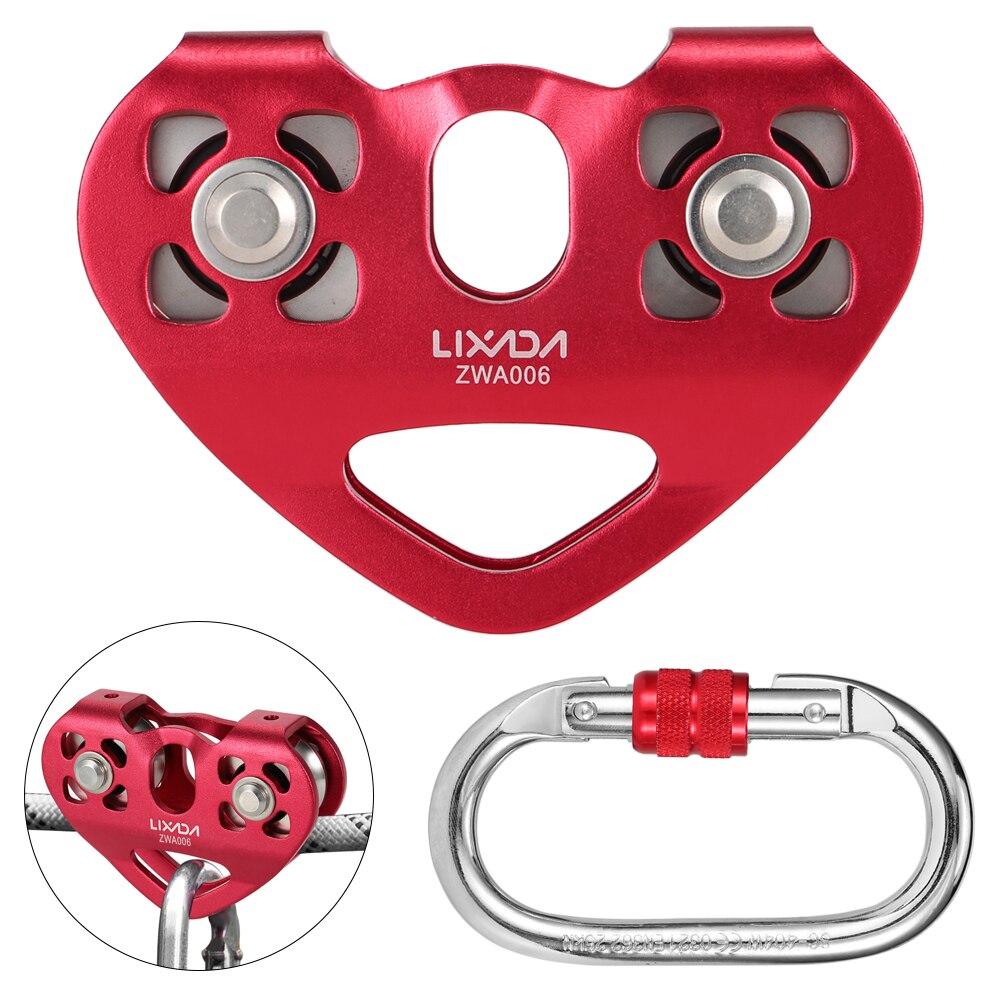 Lixada 30kN Cable Trolley Pulley Dual Pulley with 25kN Srew Locking Carainber For Rock Climbing Caving Aloft Work Rescue: Red