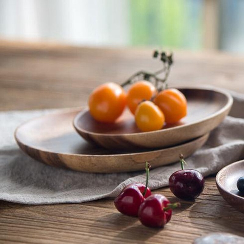 2 stuks ronde houten borden, geheel acaciahout, fruitschalen, houten schotels, theeblad, dessertbord, dinerbord, ontbijtbord, servies