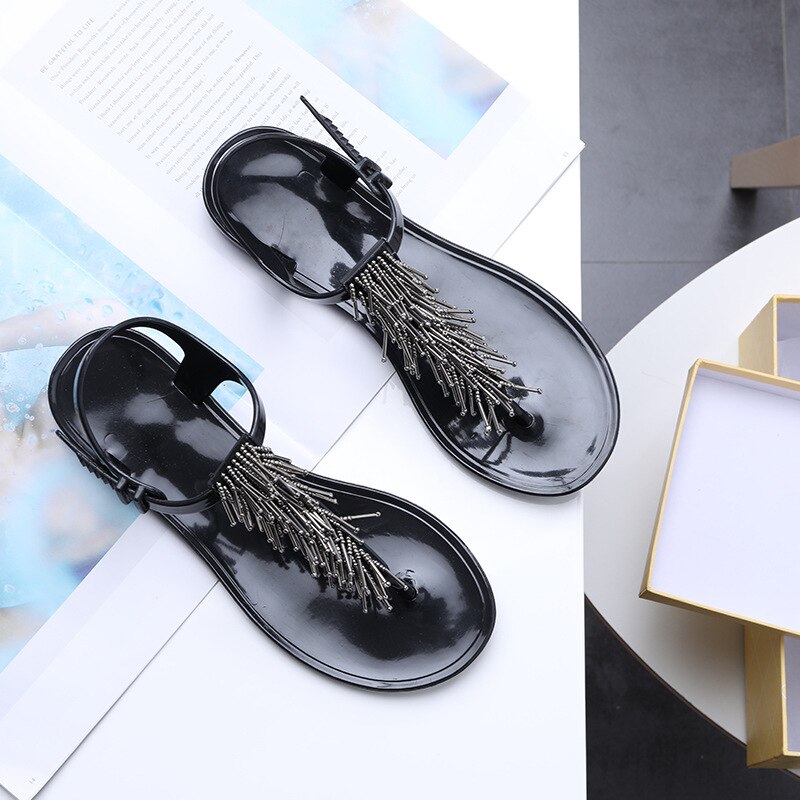 Flip flops sandaler med perler sorte komfortable kvinder flade sandaler strandsko til dame zapatos de mujer wsh 3542: Sølv / 8