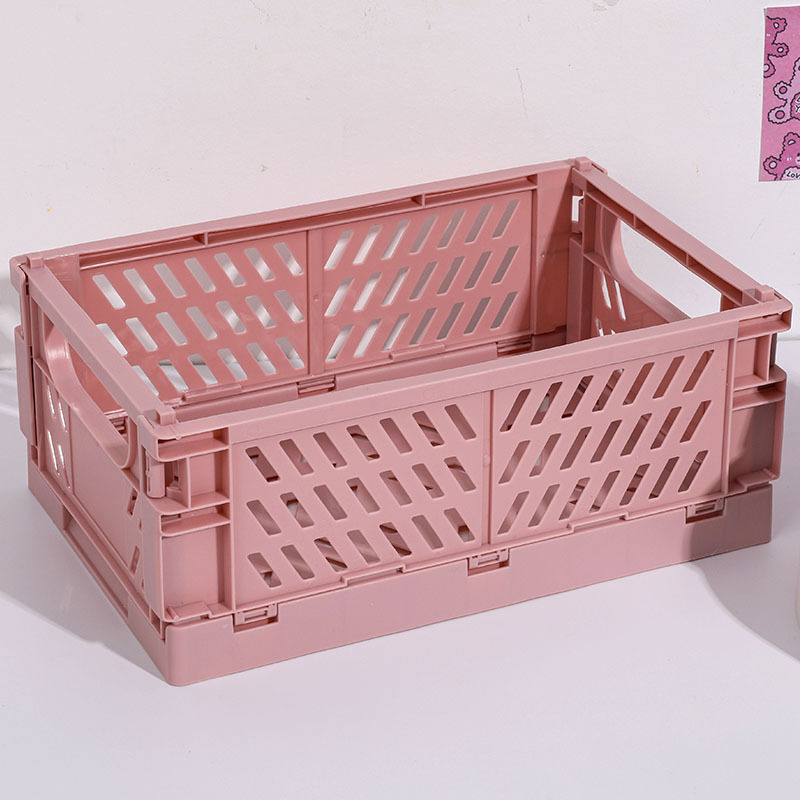 5 Color Organizing Storage Baskets Case Folding Student Desktop Basket Tape Stationery Plastic Foldable Container Storage Box: L / Pink
