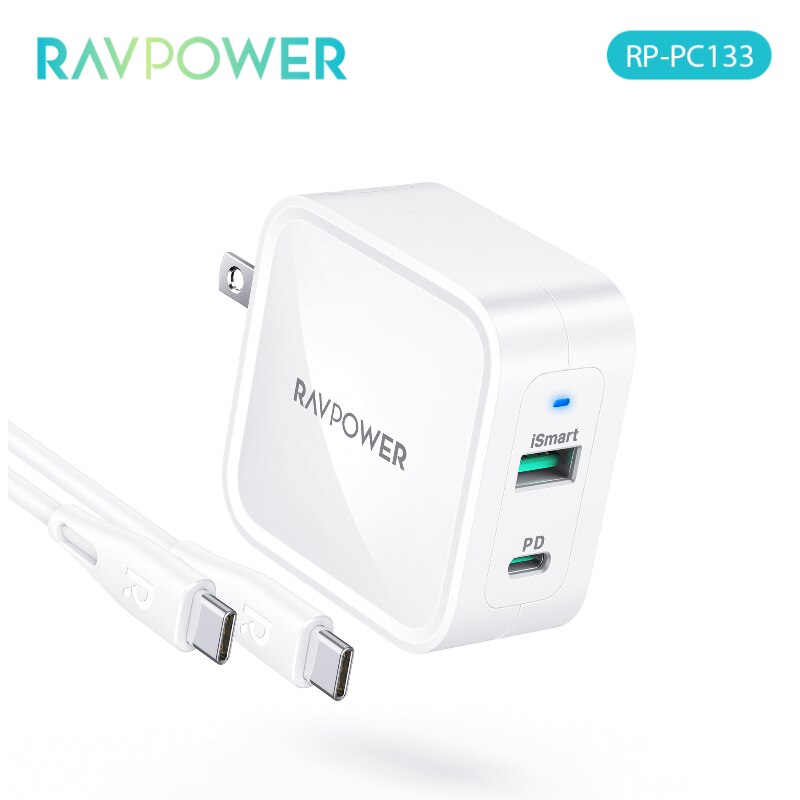 RAVPower GaN Charger 65W USB C Quick Charger Type C EU/US/UK Plug AC Folding Foot Fast Charge Phone Dual Port for IPhone MacBook: US Plug With Cable 2