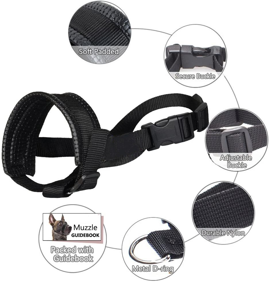 Koiran kuonokoppa nailon pehmeä pehmuste säädettävä lenkki musta pienille, keskikokoisille ja suurille koirille pureskelua estävä, hengittävä