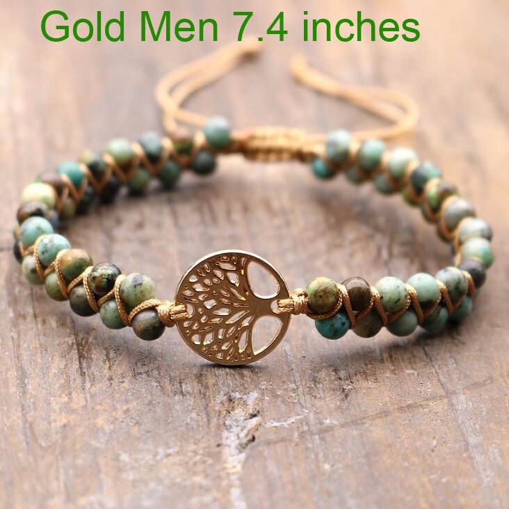 Boom Leven Charm Armbanden Handgemaakte 4 Mm Afrikaanse Stenen Yoga Vriendschap Minnaar Sieraden: Gold Men 7.4in