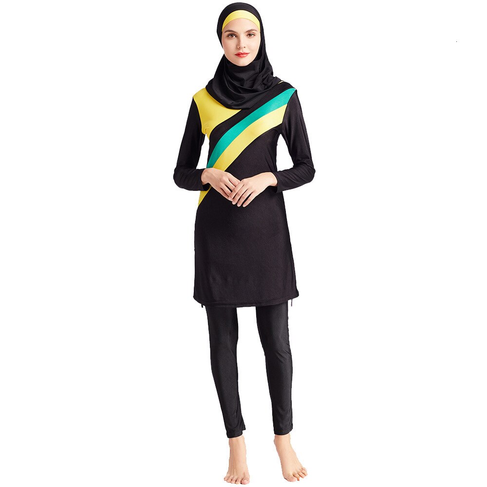 Abbigliamento spiaggia per Musulmani Maglia A Manica Lunga Completa Della Copertura Alla Moda Burkini Hijab Islamico Costume Da Bagno Vestiti di Nuoto Insieme Del Vestito Più Il Formato 6XL: yellow / 6XL