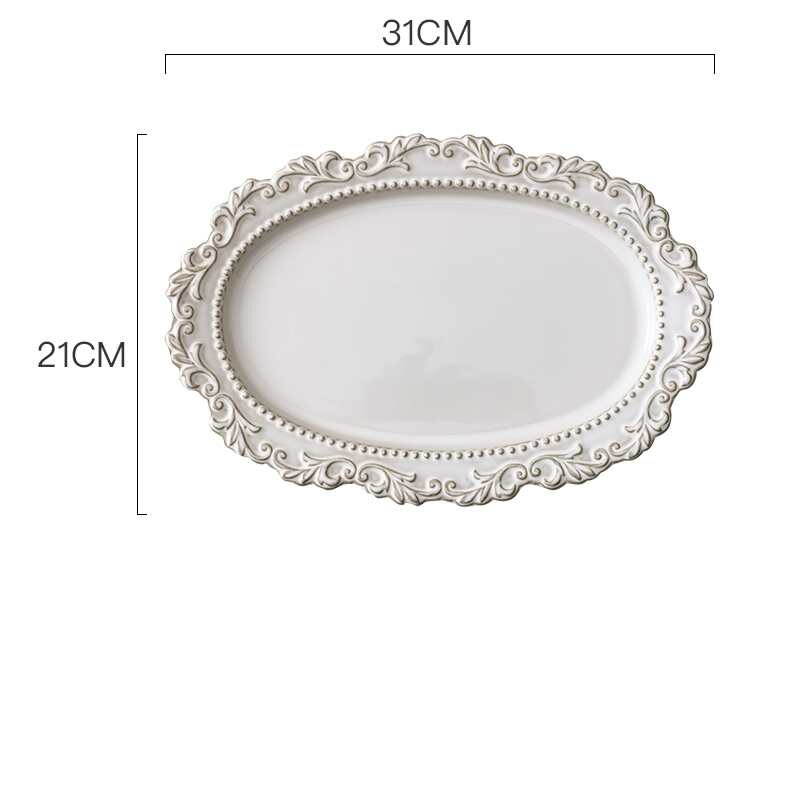French Royal Crown Embossed Ceramic Dessert Cake Steak Plate Art Crokery Dinnerware Oval Soup Fish PLate 10/12 Inch: 12inch oval plate