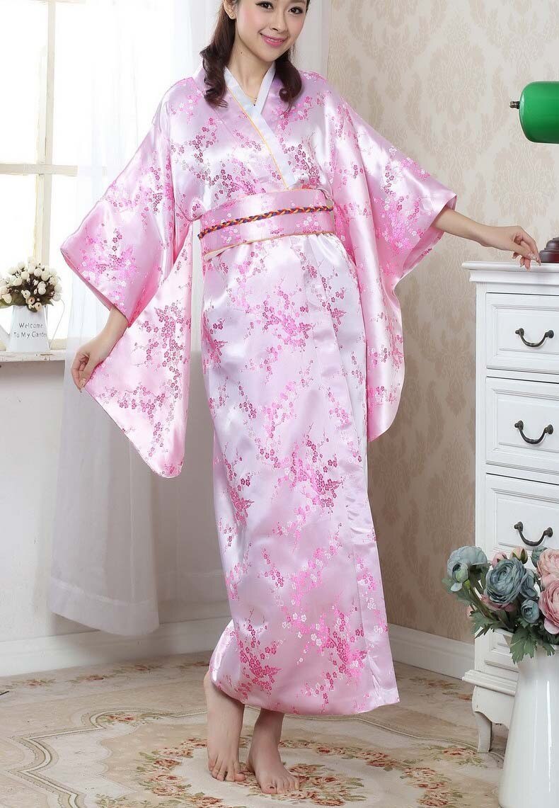 Svart rød tradisjonell yukata japansk kvinners silke kimono med obi årgang forestilling dansekjole en størrelse  wk009