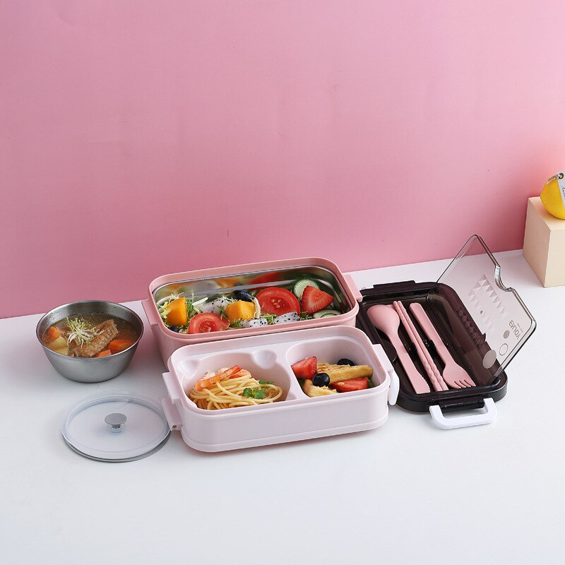 Madpakke bento boks til studiekontorarbejder dobbeltlags mikrobølgeovn opvarmning frokostbeholder madopbevaringsbeholder: Lyserød