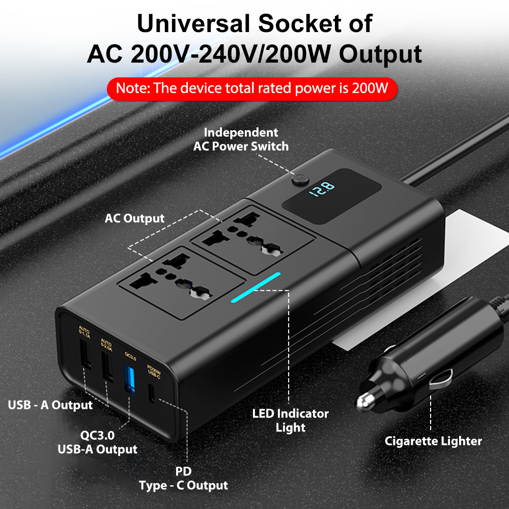 Deelife Car 220v Inversor 12 a 220 Conversor de potência de tensão 200W para veículos 12V