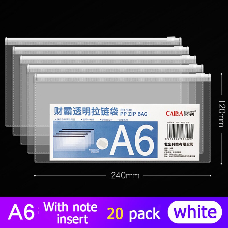 20Pcs Bestand Houder Transparant Plastic Informatie Tas A5 Rits Grote Capaciteit Boek Tas A4 Briefpapier Student Office Bestand Zak: A6 white