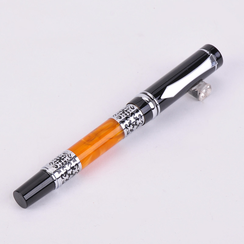 BOOKWORM 675 Black-Orange Silver Flower Amber Celluloid Bent Nib Art Fountain Pen School Supplies Calligraphy Pen