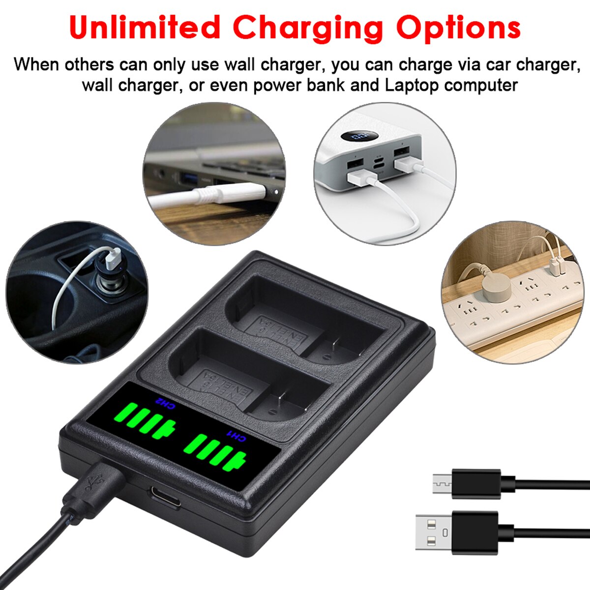 EN-EL15 EN EL15C Battery + Charger for Nikon D500, D610, D750, D800, D810, D850, D7000, D7100, D7500, Z5, Z6, Z6II, Z7, Z7II