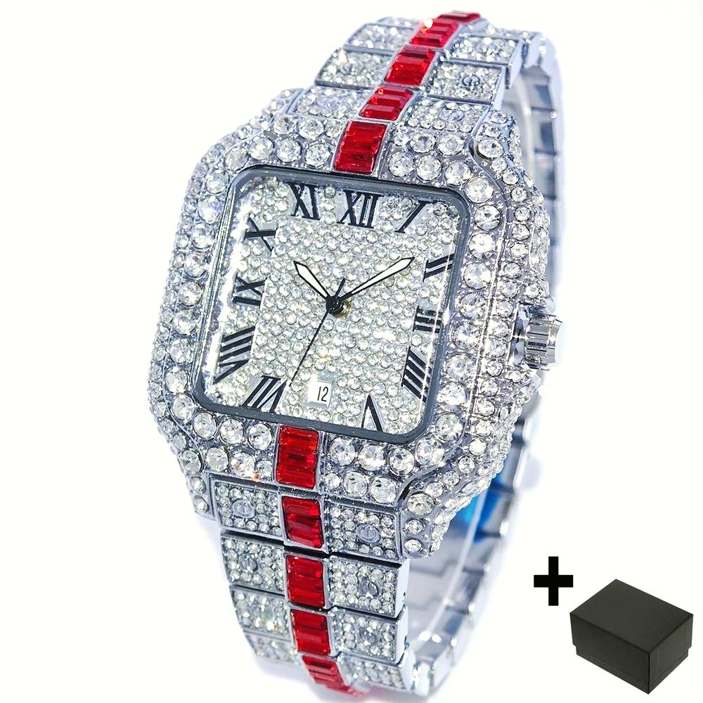 Luxury Red Diamond Watches Men Brand UNIGUET Hip Hop Iced Bling Jewelry Wristwatch Man Waterproof Square Quartz Clocks: Coffee