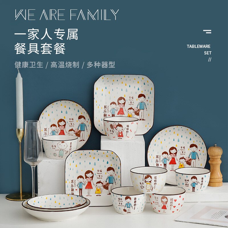 Creatieve Keramische Servies Ouder-Kind Kom Cartoon Familie Rijstkom Voor Een Gezin Van Vier Kommen En Borden Set ontbijt Plaat