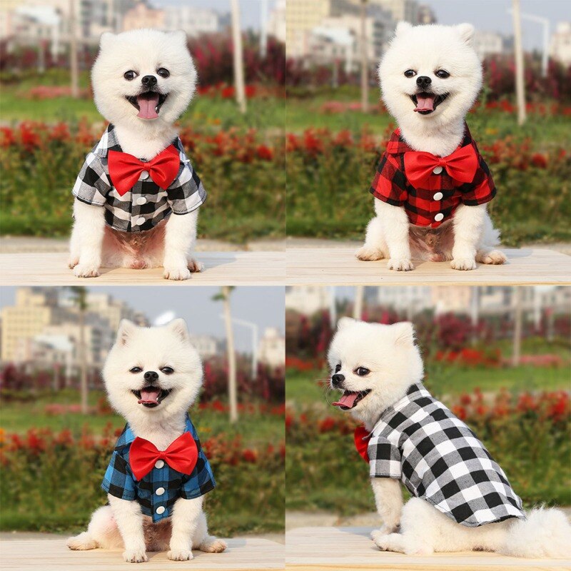 Costume à carreaux avec nœud papillon pour chien, T-Shirt d'été à manches courtes pour petit et moyen gabarit, Costume de mariage pour chiot