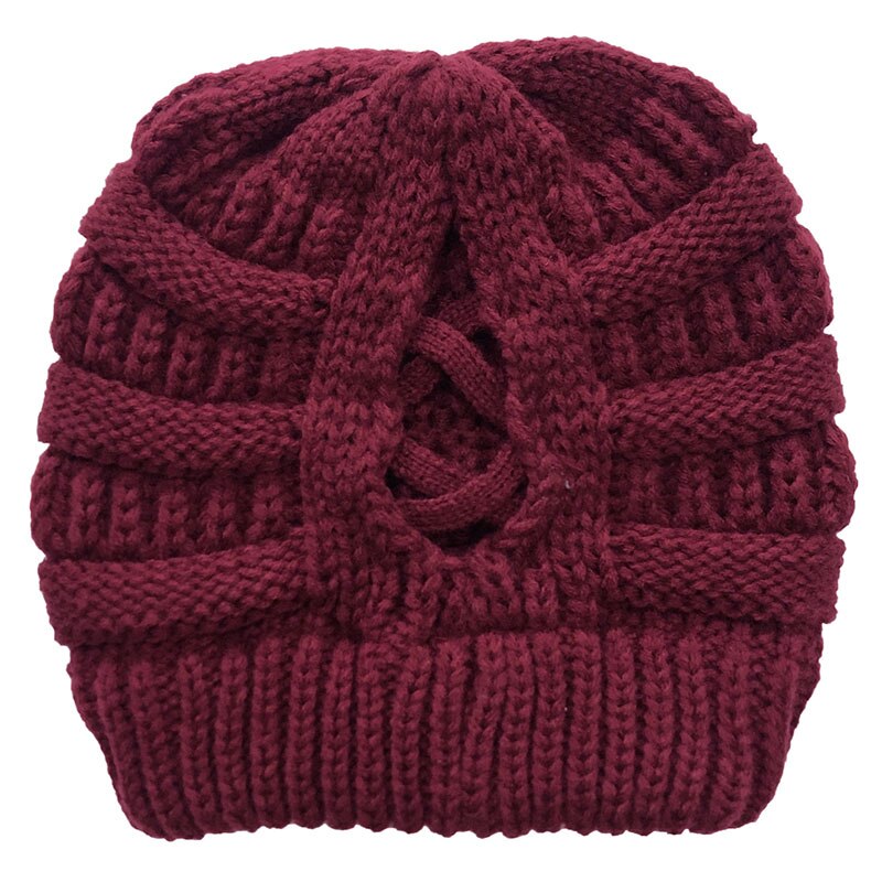 Volwassen Vrouwen Hoeden Wollen Gebreide Muts Herfst Winter Warm Skullcap Vrouwelijke Cross Paardenstaart Cap Skullies Mutsen: JY082-winered