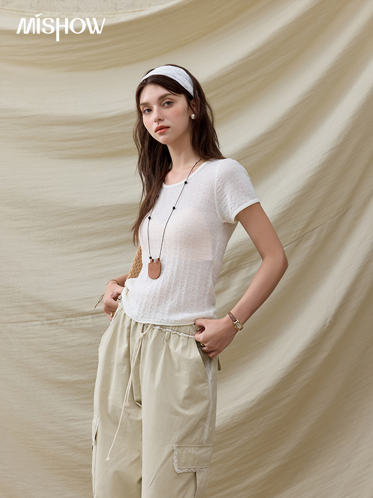 MISHOW Office Lady Women’s T-shirts Summer Short Sleeve Round Neck Solid Slimming Knitted Shirt Female MXE34Z1257