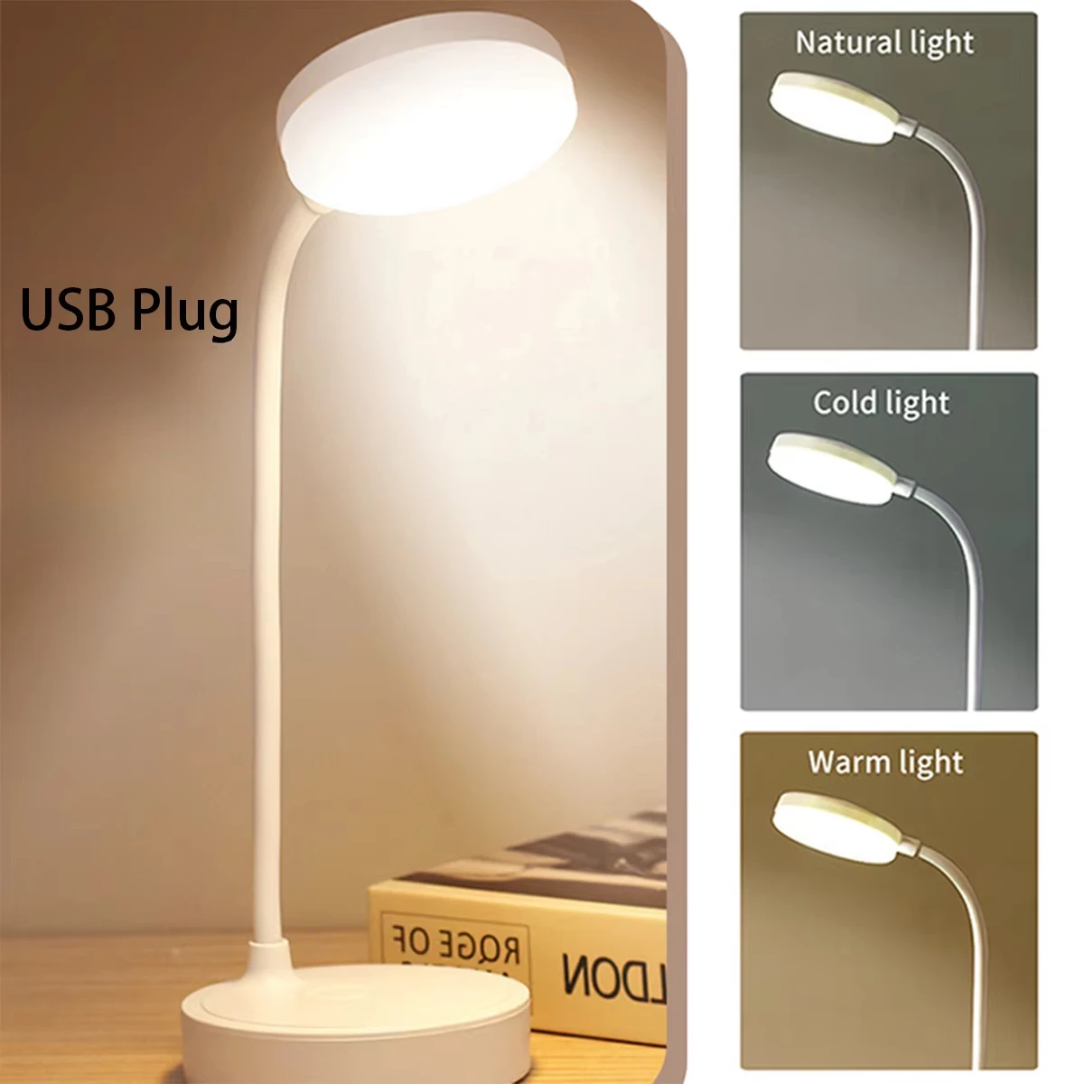 Lampada da scrivania a LED flessibile con dimmer a 3 livelli Alimentata tramite USB Luce calda/bianca per la cura degli occhi, perfetta per la lettura e lo studio dell'home office: WHITE