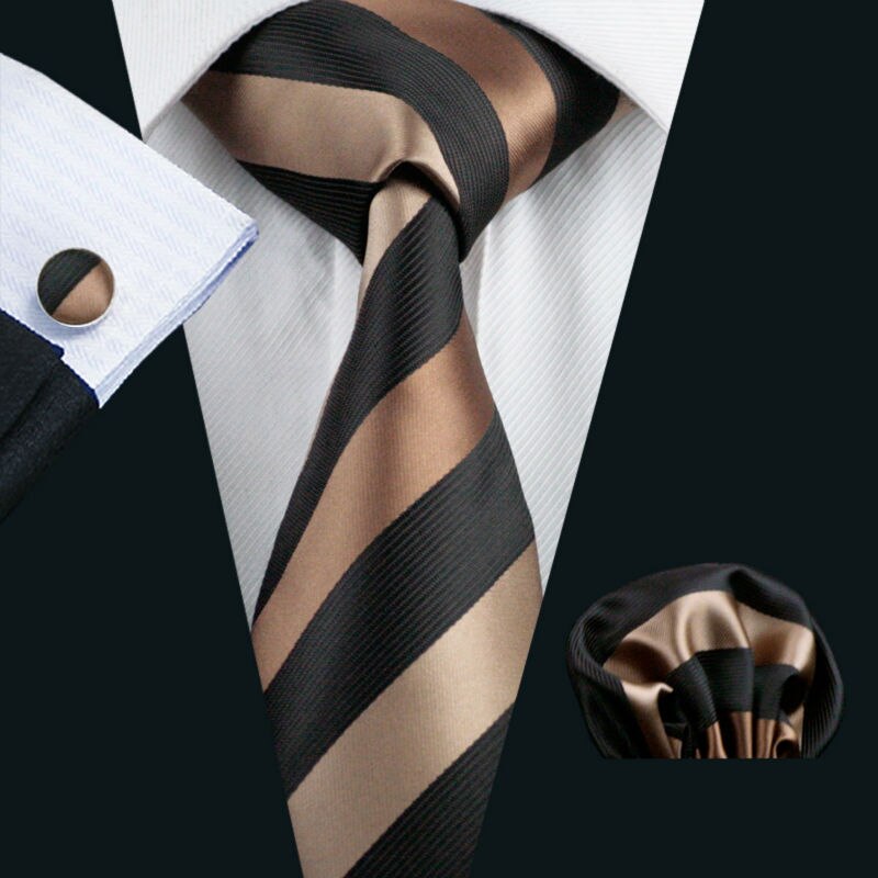LS-585 Barry.Wang Mannen Stropdas Zijde Gestreepte Jacquard Geweven Classic Tie + Hanky + Manchetknopen Set Voor Formele Wedding Bedrijvengids Party