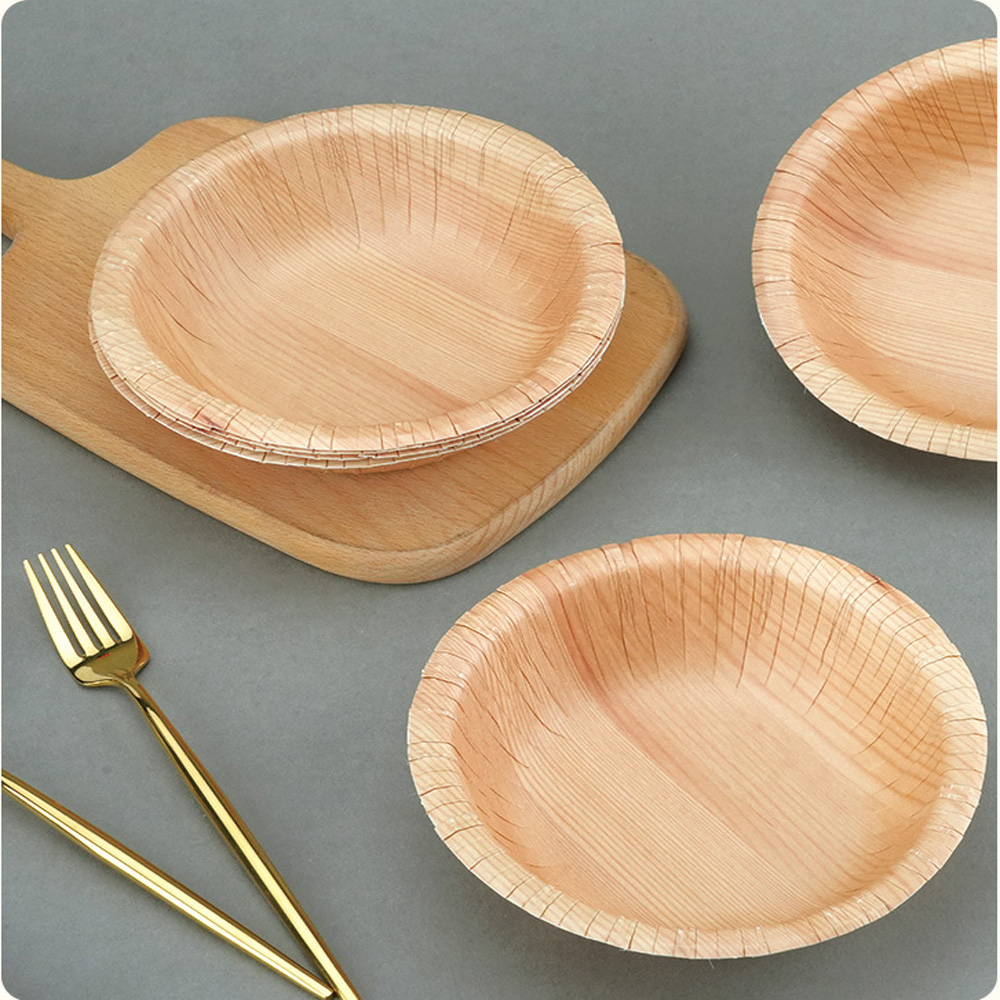 10/20pcs Disposable Party Plates Disposable Bowls Wood Grain Paper Cake Dish Disposable Tableware Baby Shower Tableware Supplies
