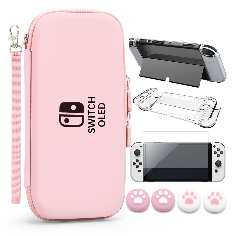 Switch OLED Storage Carry Bag Accessories Kit PC Clear Cover Case Screen Protector With Analog Grips for Nintendo Switch OLED: Rose Violet