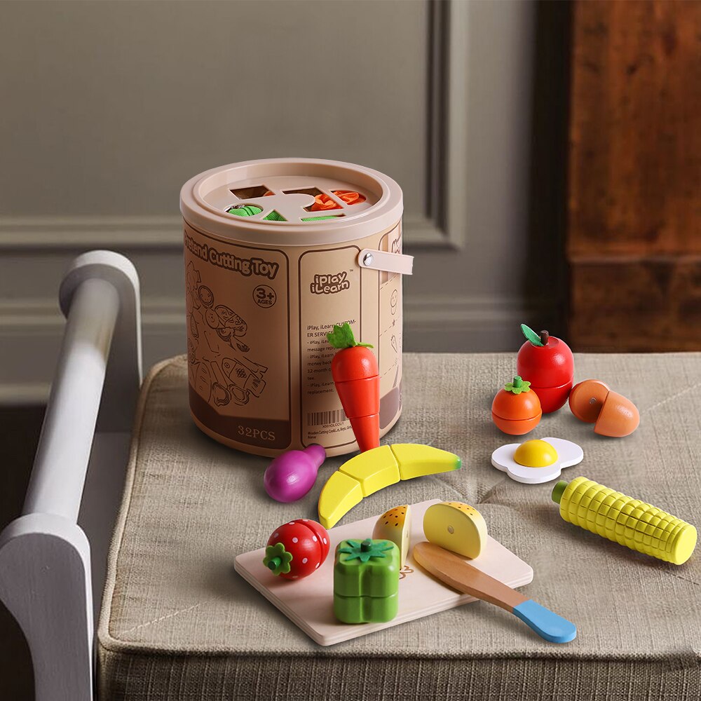 Wooden Cutting Cooking Food Sets, Pretend Play Kitchen Kits Toy, Magnetic Wood Vegetables Fruits for Ages 3, 4, 5, 6 Year