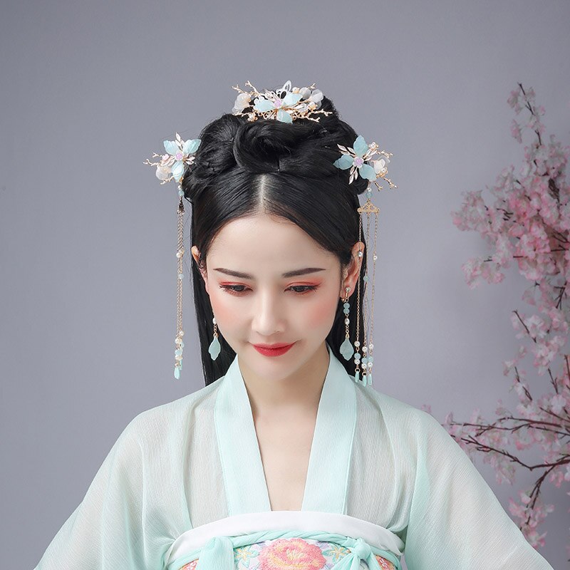 Forseven Chinese Hanfu Jurk Haarspelden Clips Vlinder Bloem Shining Crystal Parels Tassel Kammen Hoofddeksels Sieraden Sets