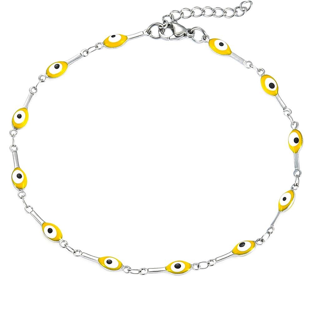 Pulsera de tobillo de acero inoxidable con cuentas de esmalte de 4MM, superposición de oro con Mini pulsera ajustable de estilo de ojo malvado de colores con extensor: Yellow / 17.5cm Bracelet