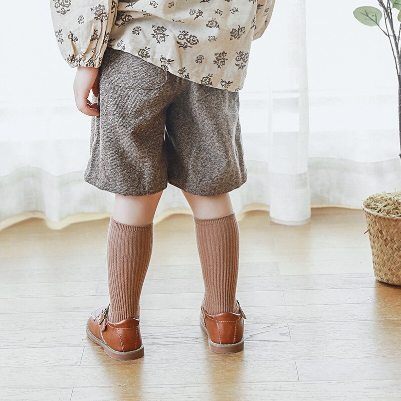 Autumn solid color knee-length cotton knitted socks sets 0-8 years baby girls all-match base socks 5 pairs set