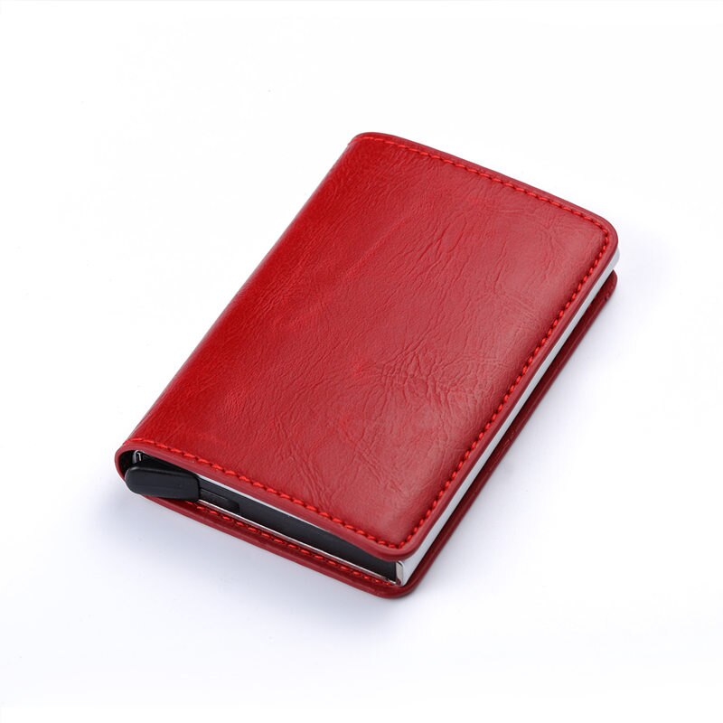 Zovyvol Business Credit Card Holder Men Women Metal RFID Vintage Aluminium Box Crazy Horse PU Leather Card Wallet Purses: Red X-12A