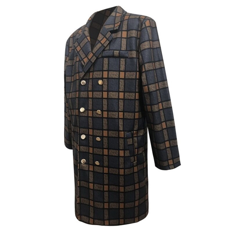 Mannen Houndstooth Gentleman Wollen Jas Modieuze Trenchcoat Revers Overjas Double-Breasted Jas Mid-Lengte Mannelijke Warme Jas