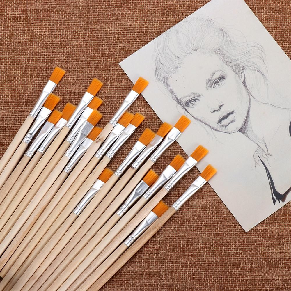 Set de 10 Pinceles de Pintura - Pelo de Nylon + Mango de Madera - Acuarela, Óleo, Caligrafía - Materiales de Arte