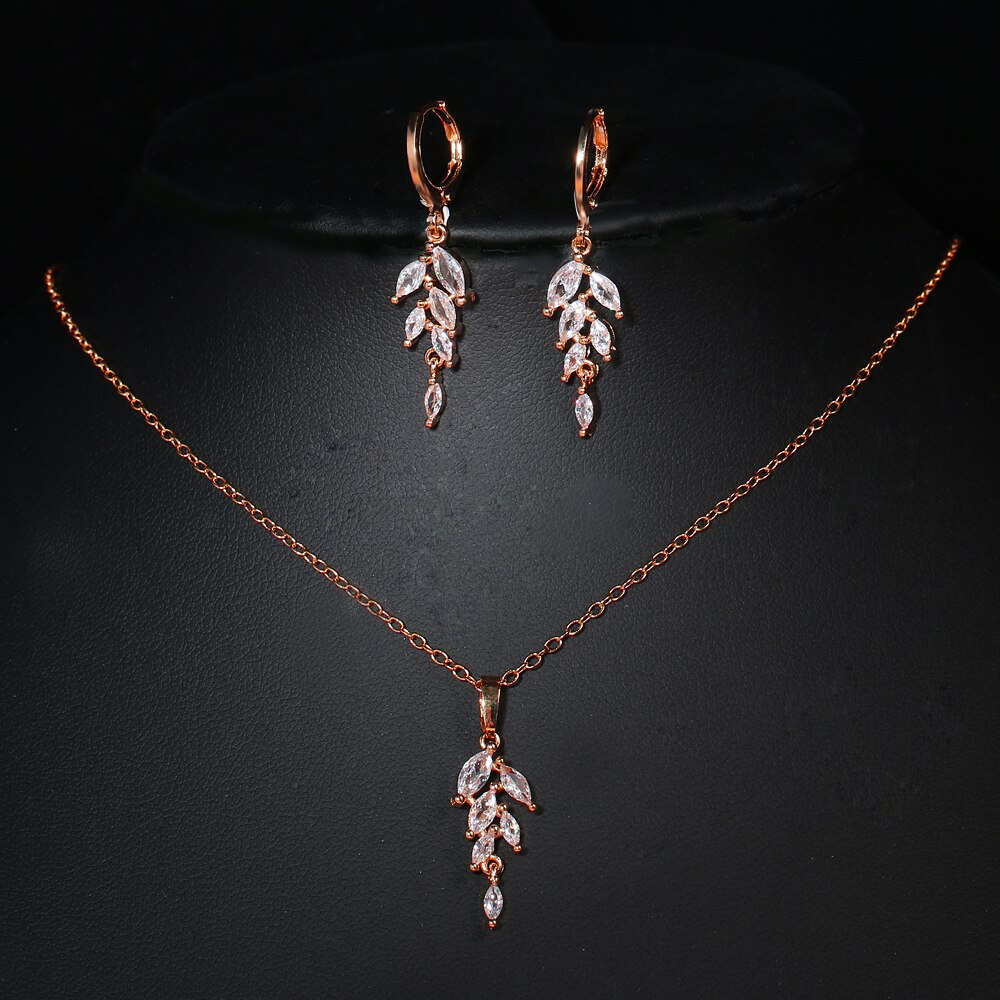 Zirconia Leaf Oorbellen Ketting Sets Voor Vrouwen Elegante Bruids Bruiloft Sieraden Set Huwelijksgeschenken: Rose Gold