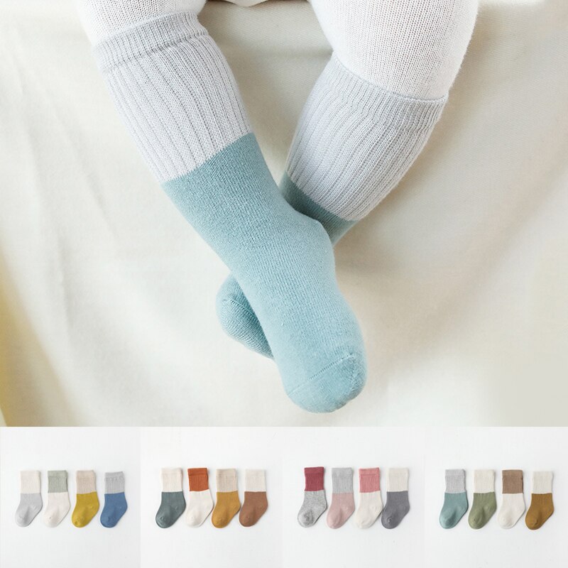 4 Pairs/Lot Baby Socks Solid Color Soft Cotton Winter Autumn Thick Socks For Boy Girl Newborn Toddler Ankle Long Kids Socks