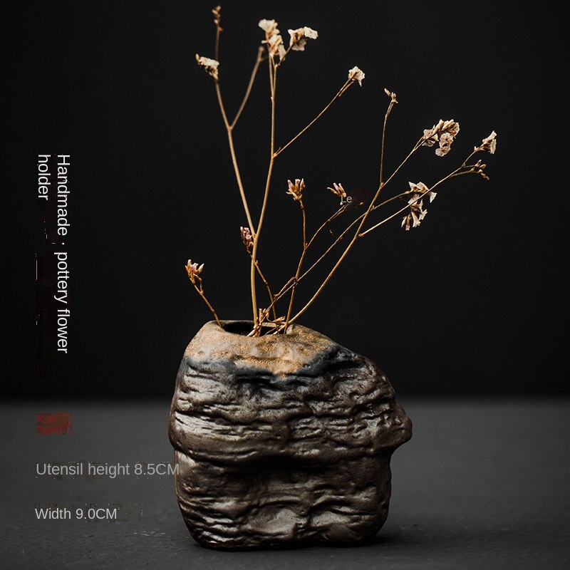 Japanese-style rough pottery flower pot handmade vase retro ceramic flower tea table hydroponic handicraft ornaments: D