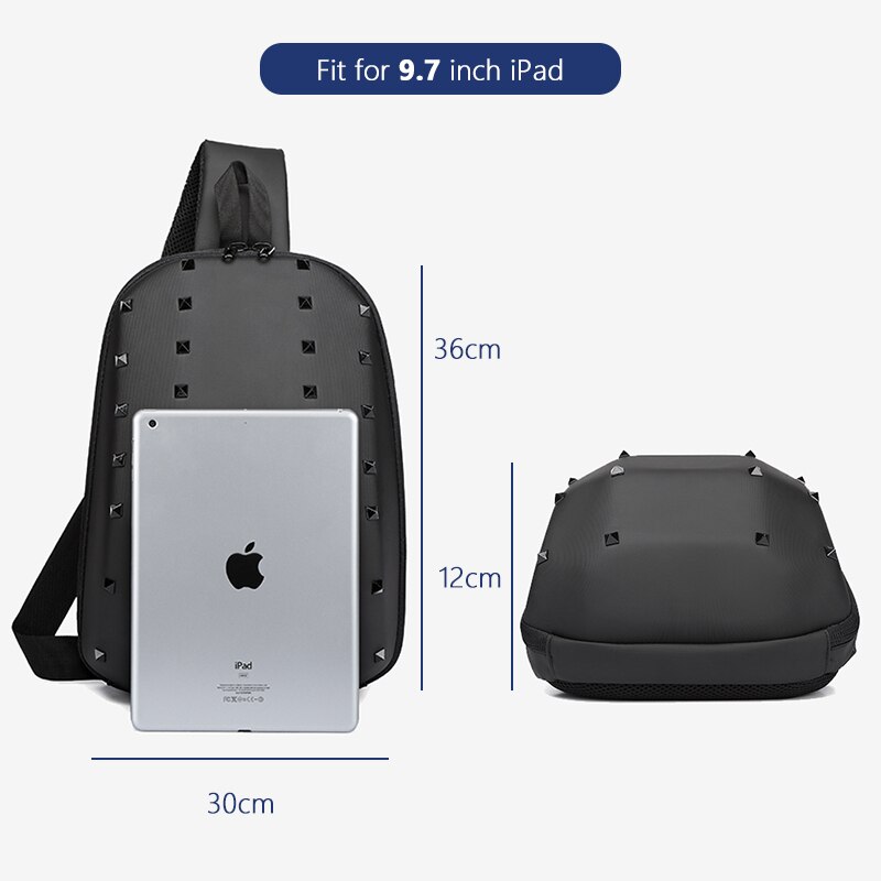 OZUKO Rivet poitrine sac sac à bandoulière mâle étanche court voyage sacs à bandoulière USB sac de messager pour les affaires d'adolescent