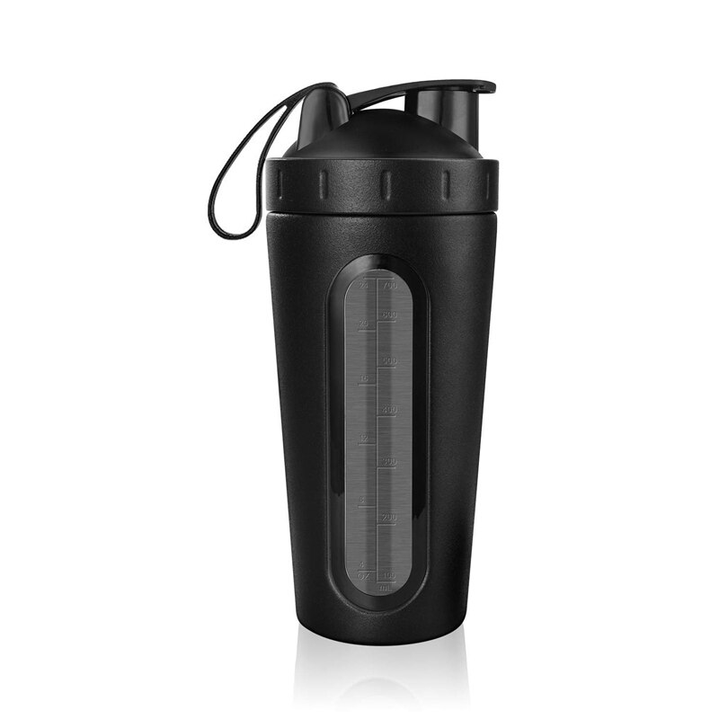 Protein shaker flaske, rustfrit stål sport vandflaske shaker cup, lækagesikker, bpa fri: Sort