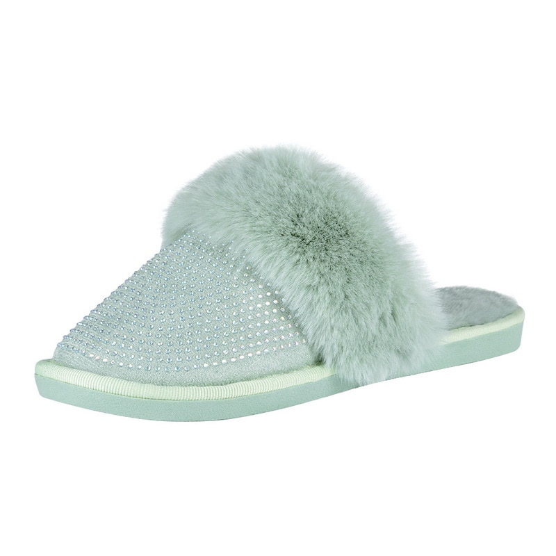 Winter Bling Bont Slippers Vrouwen Warm Meisjes Huis Slippers Slaapkamer Schoenen Kristal Indoor Zapatilla Mujer: Green / 42-43